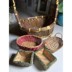 Basket Of Vintage Wicker/Birch Bark Baskets Country Farmhouse Cabin Decor Rustic